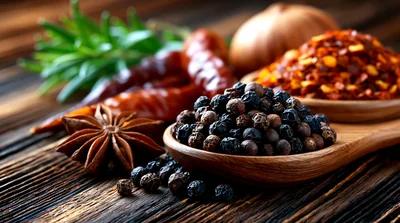 Assorted Spices and Herbs on Rustic Wooden Surface