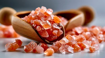 Himalayan Pink Salt Crystals In Wooden Scoops