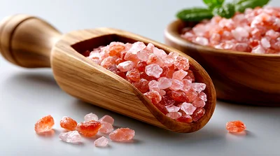 Himalayan Pink Salt Crystals in Wooden Scoop