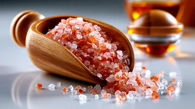 Himalayan Pink Salt Crystals In A Wooden Scoop
