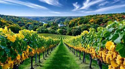 Vineyard Rows With Golden Grapes In Autumn