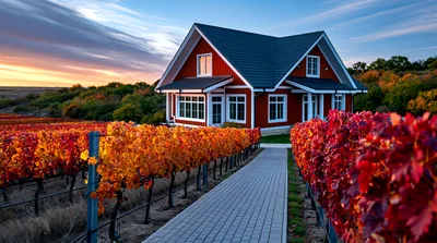Red House In A Vineyard During Autumn Sunset