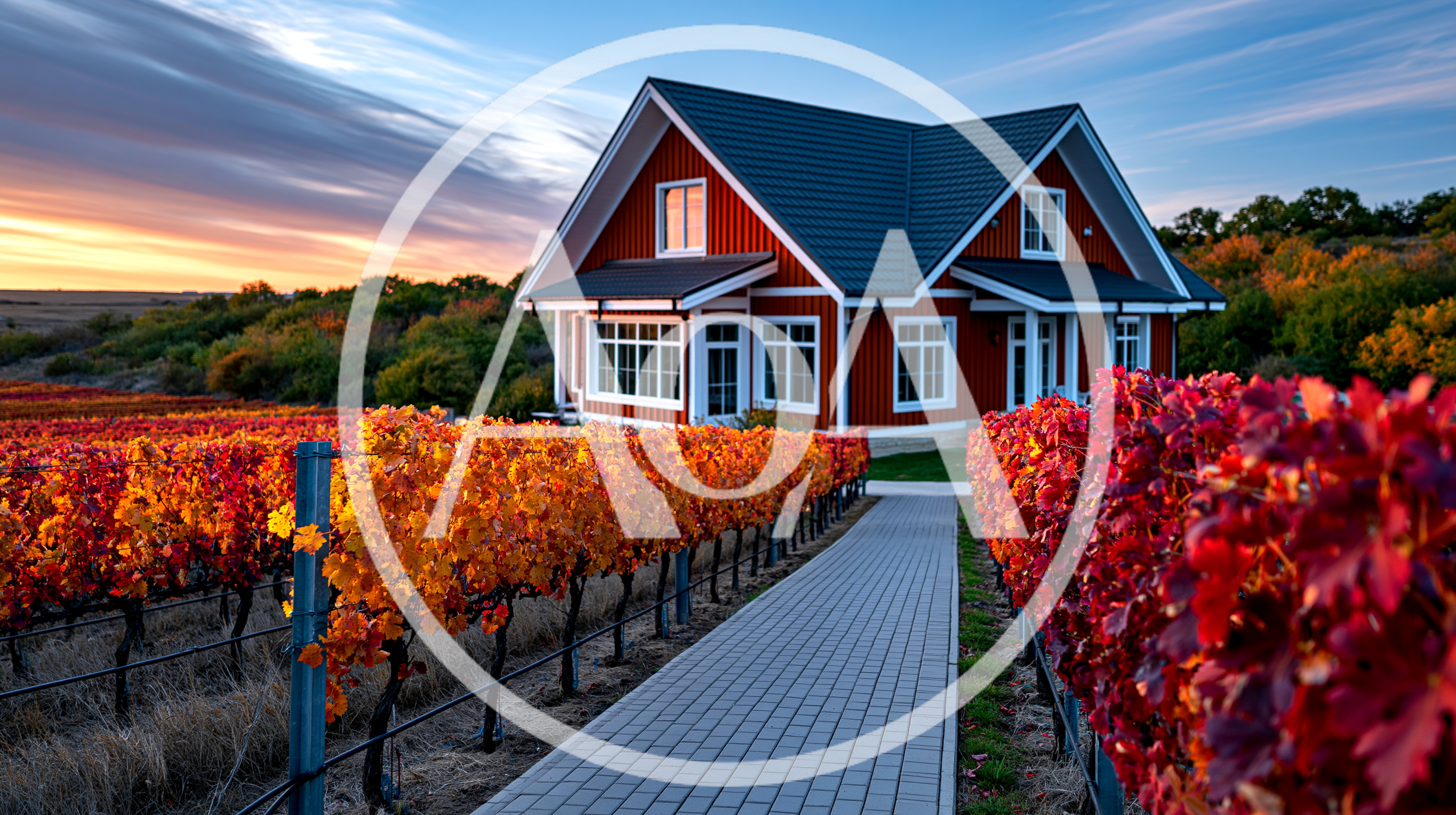 Red House In A Vineyard During Autumn Sunset
