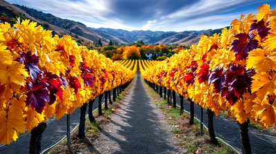 Autumn Vineyard Rows With Vibrant Yellow And Red Leaves