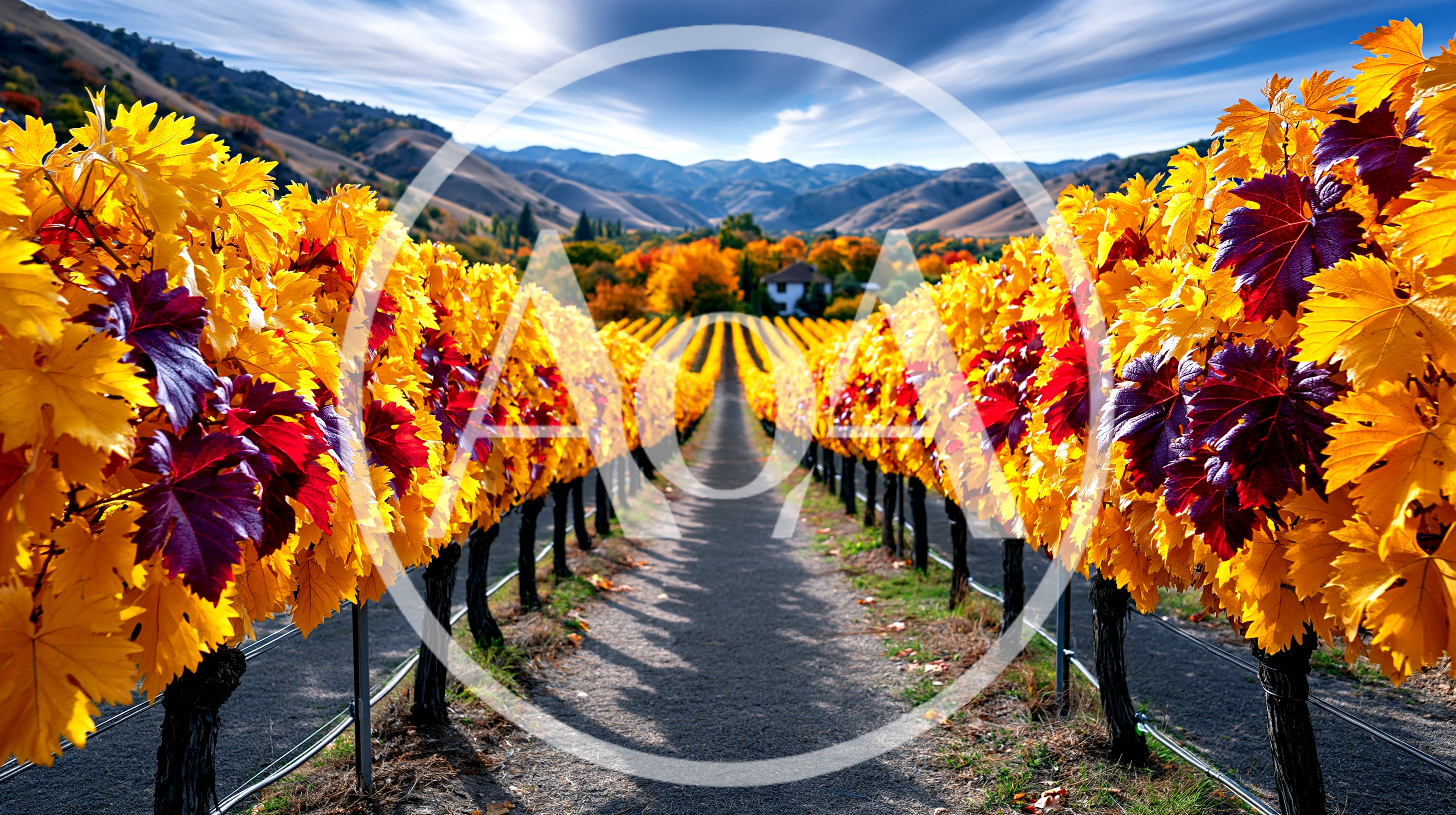 Autumn Vineyard Rows With Vibrant Yellow And Red Leaves