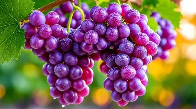 Fresh Clusters Of Ripe Purple Grapes On The Vine