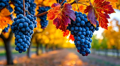 Clusters Of Ripe Purple Grapes In A Vineyard