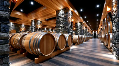 Wine Barrels Stored In A Rustic Stone Cellar