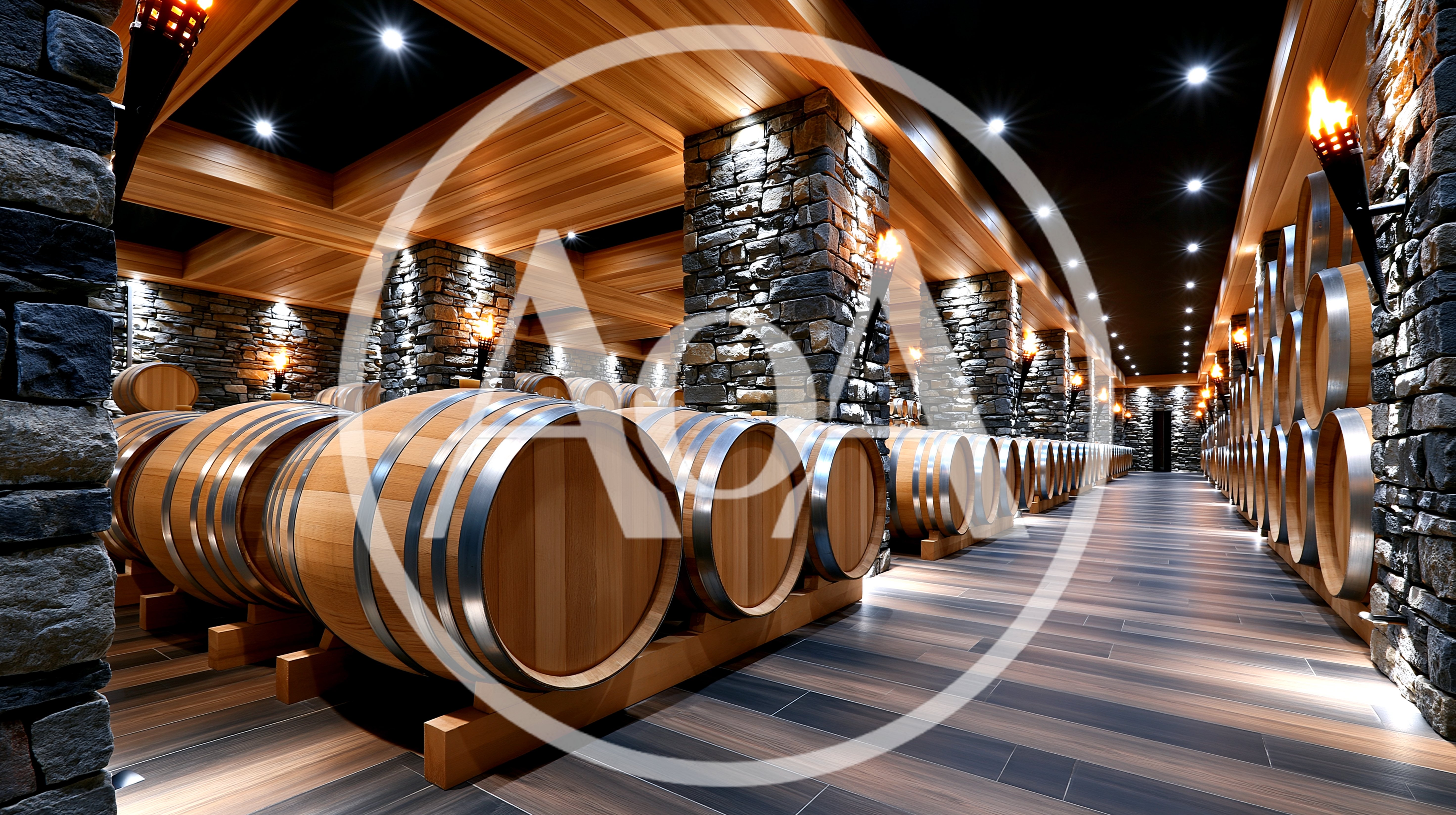 Wine Barrels Stored In A Rustic Stone Cellar