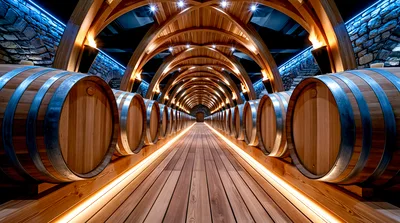 Wine Barrels In A Modern Underground Cellar