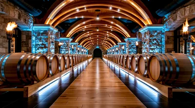 Luxury Wine Cellar With Oak Barrels And Ambient Lighting