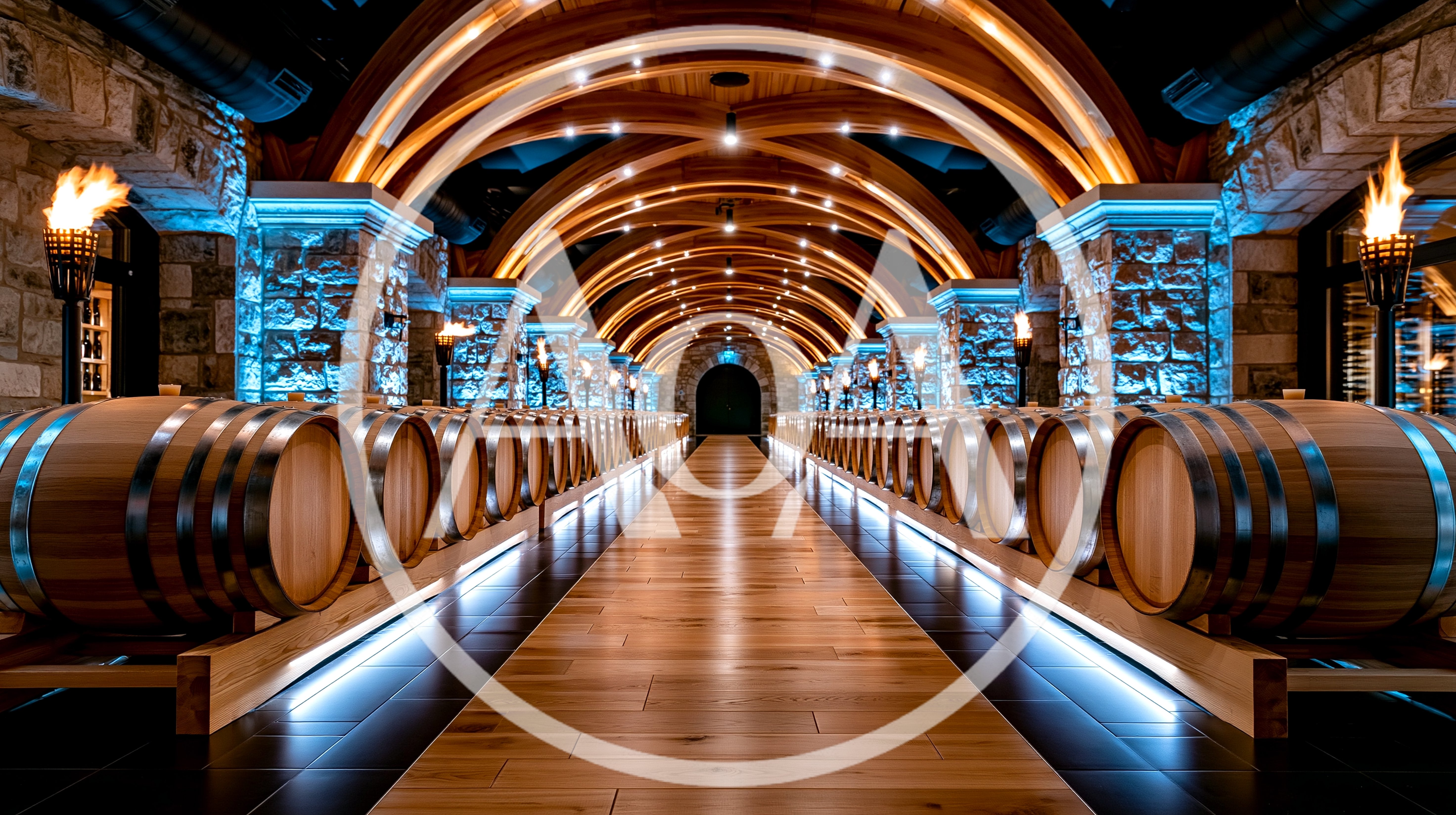 Luxury Wine Cellar With Oak Barrels And Ambient Lighting