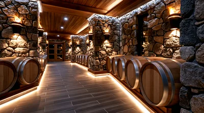 Wine Cellar With Oak Barrels And Stone Walls