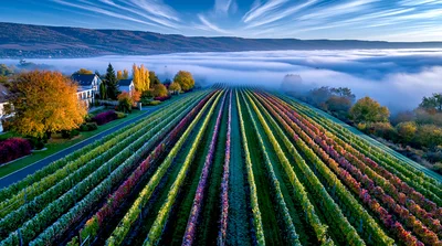 Aerial View Of Colorful Vineyard Rows In Autumn