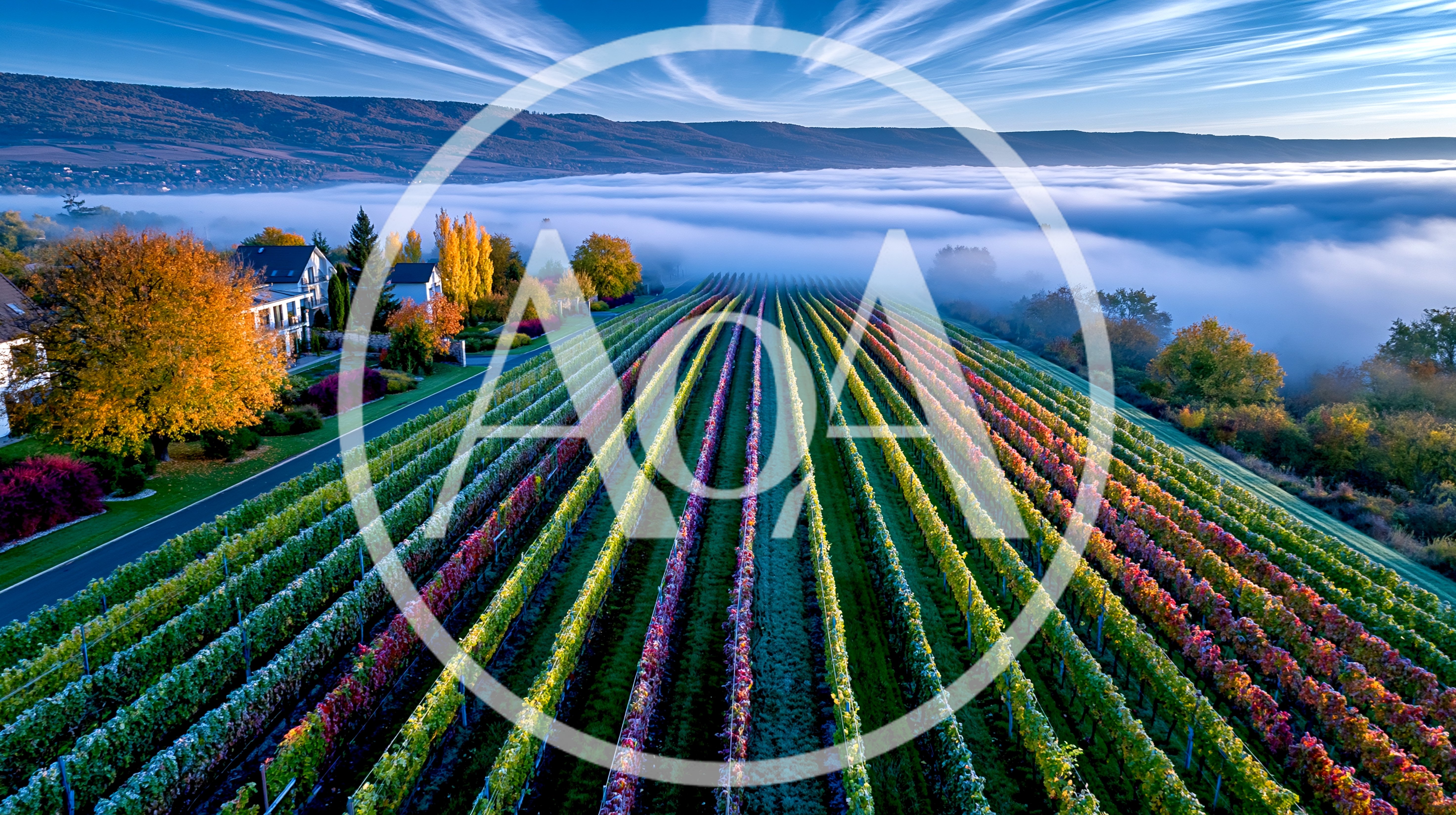 Aerial View Of Colorful Vineyard Rows In Autumn