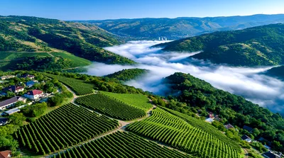 Aerial View Of Lush Vineyards In A Mountain Valley