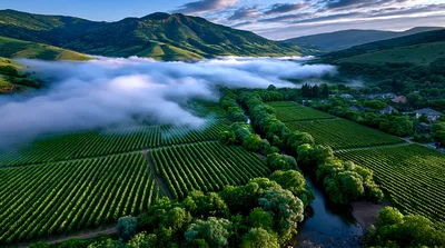 Aerial View Of Lush Vineyards And River Valley