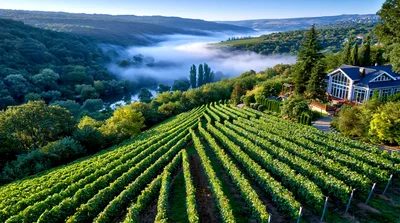 Aerial View Of A Lush Vineyard Overlooking A Misty Valley