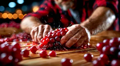 Farmer Crushing Fresh Red Grapes On Wooden Table