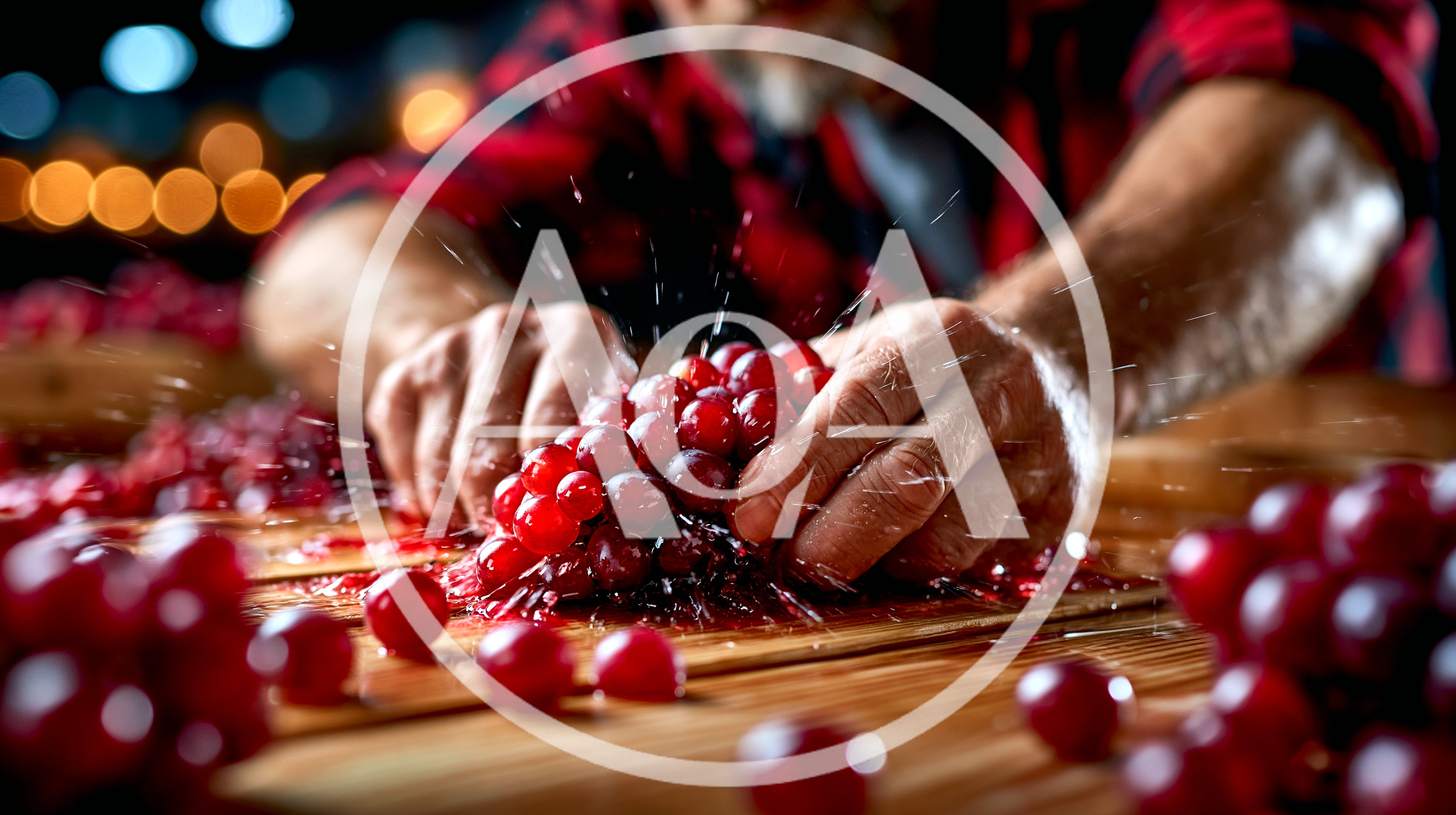 Farmer Crushing Fresh Red Grapes On Wooden Table