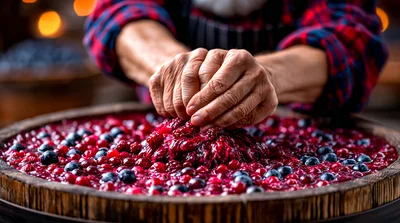 Person Crushing Fresh Berries In A Wooden Barrel