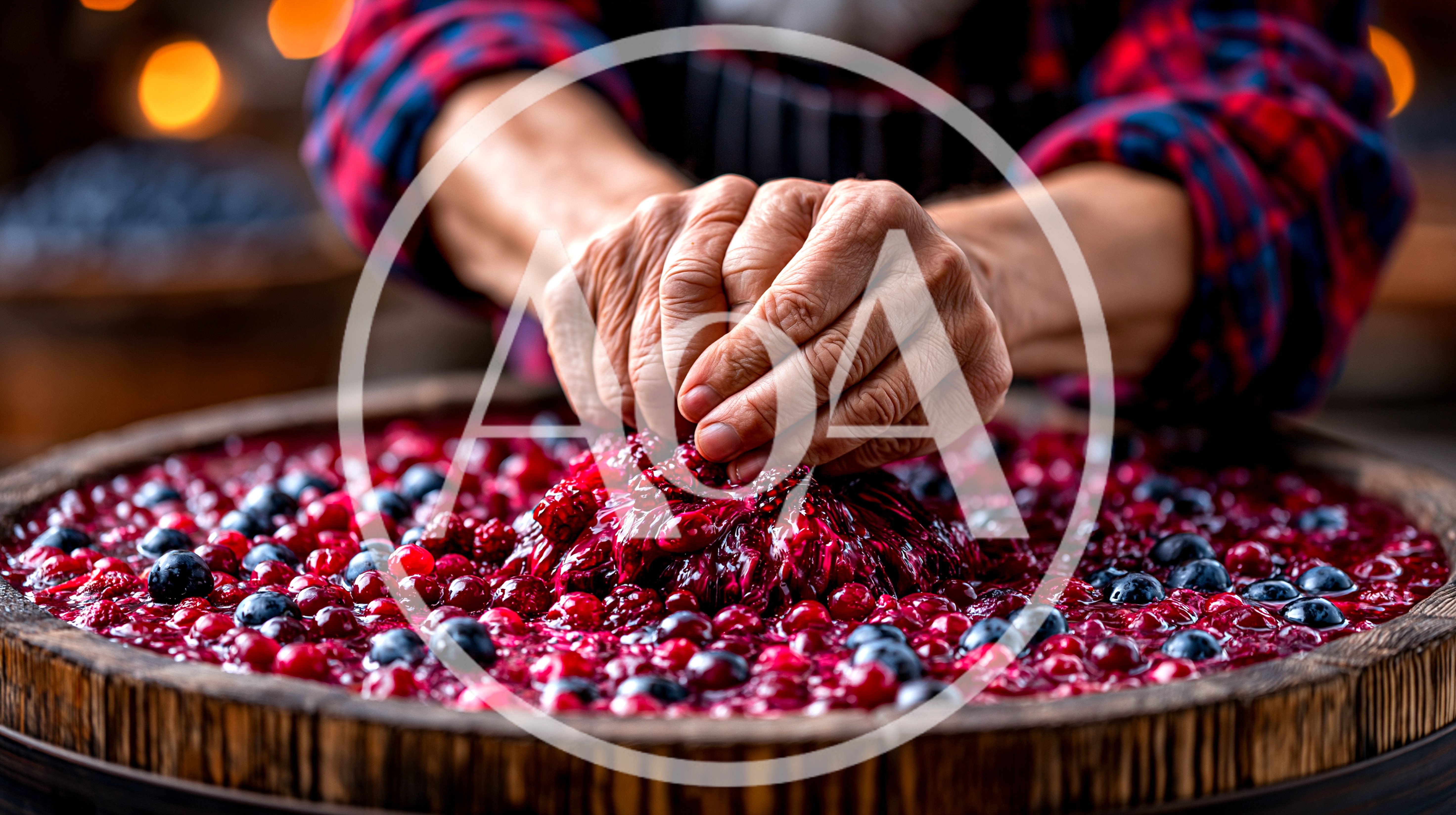 Person Crushing Fresh Berries In A Wooden Barrel