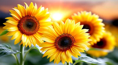 Vibrant Sunflowers Blooming In A Golden Sunset Field