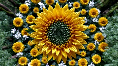Large Sunflower Surrounded By Smaller Flowers In Garden