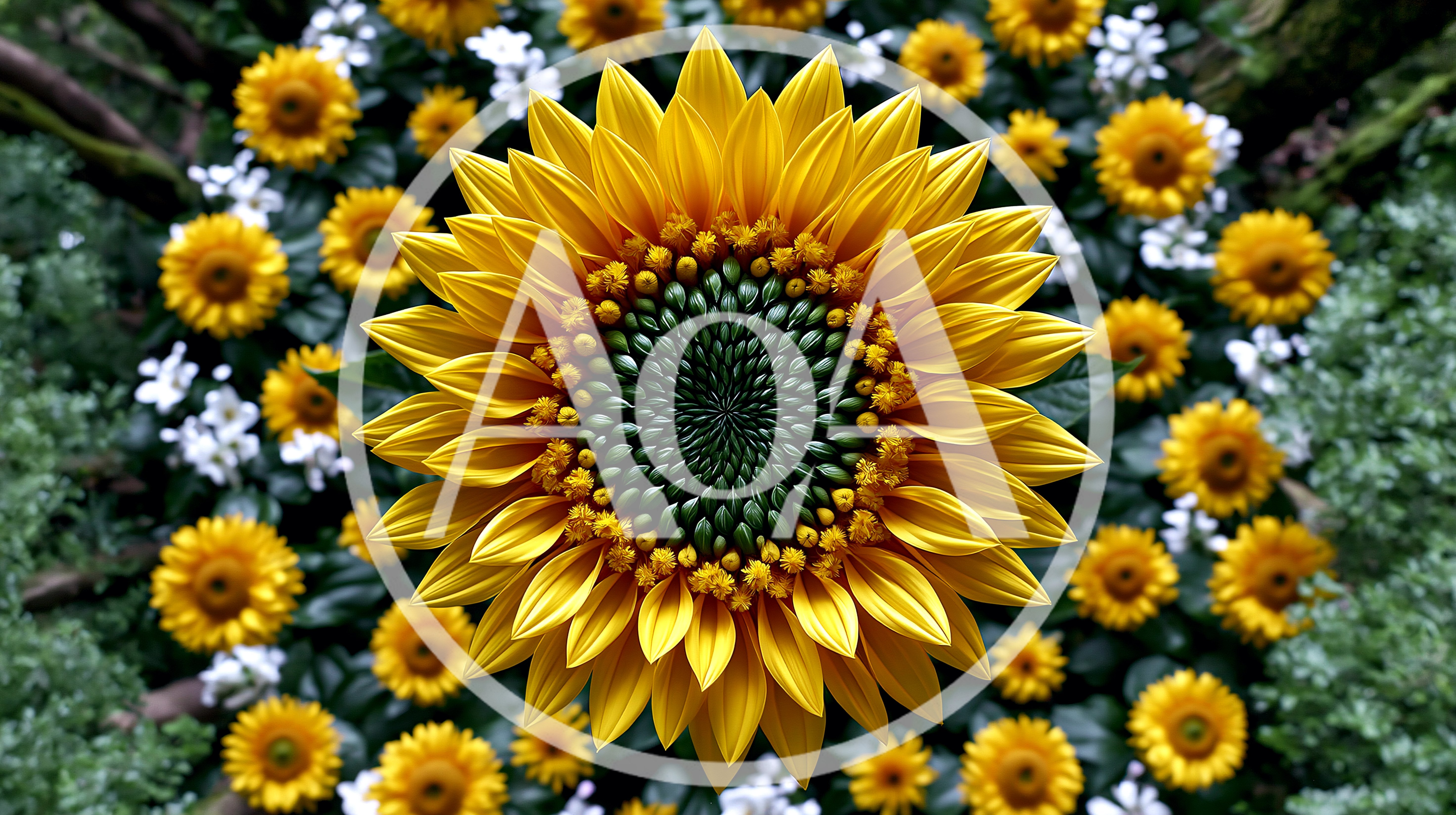 Large Sunflower Surrounded By Smaller Flowers In Garden