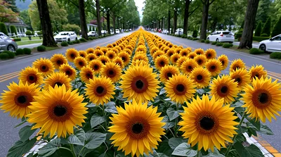 Sunflowers Blooming Along A Tree Lined Road