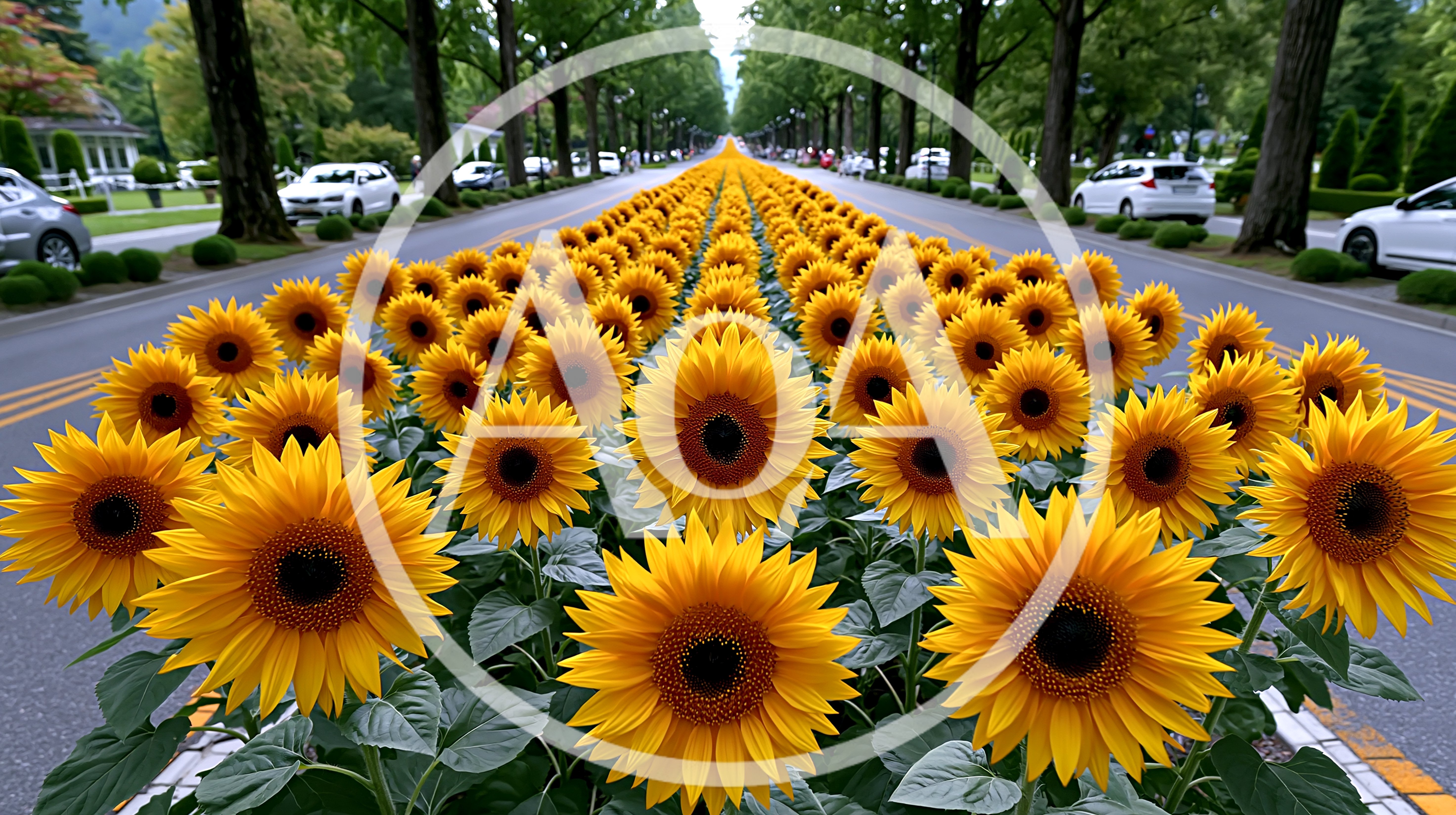 Sunflowers Blooming Along A Tree Lined Road