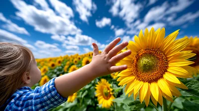 Young Child Reaching Out To Touch A Sunflower