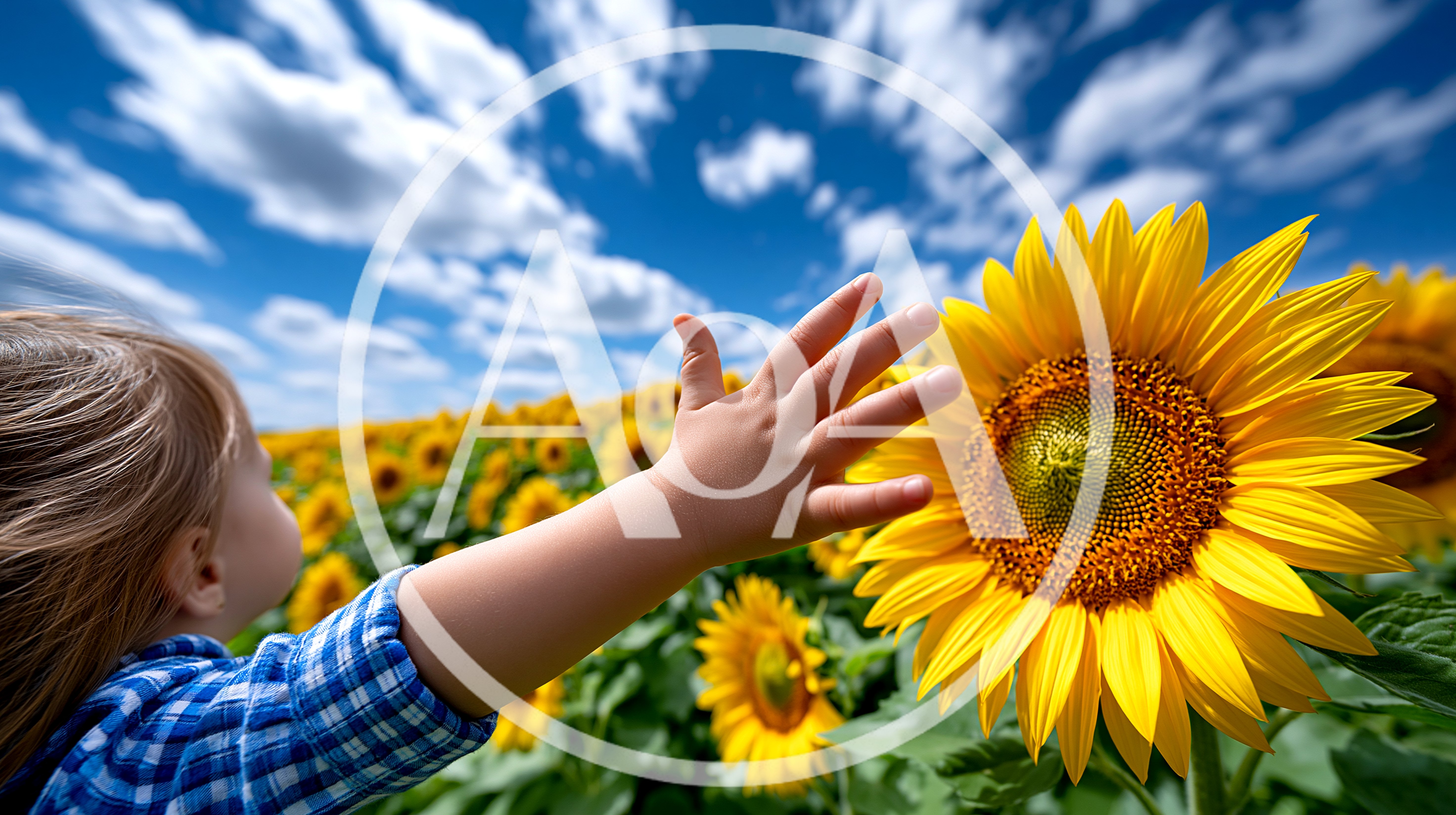 Young Child Reaching Out To Touch A Sunflower