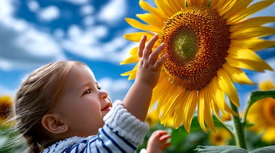 Toddler Girl Gently Touching A Large Sunflower