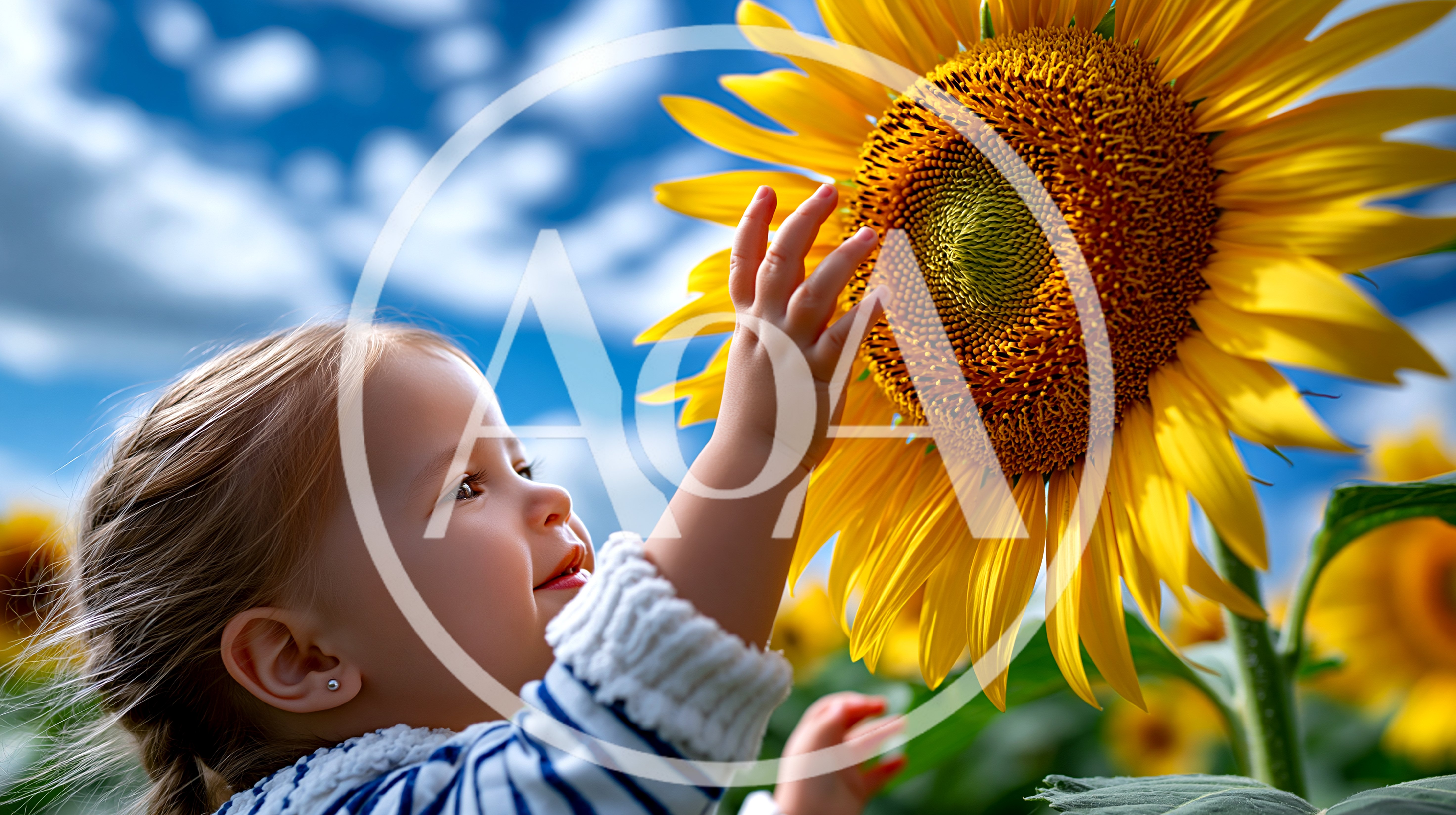 Toddler Girl Gently Touching A Large Sunflower