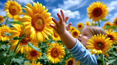 Young Child Reaching Toward A Bright Yellow Sunflower