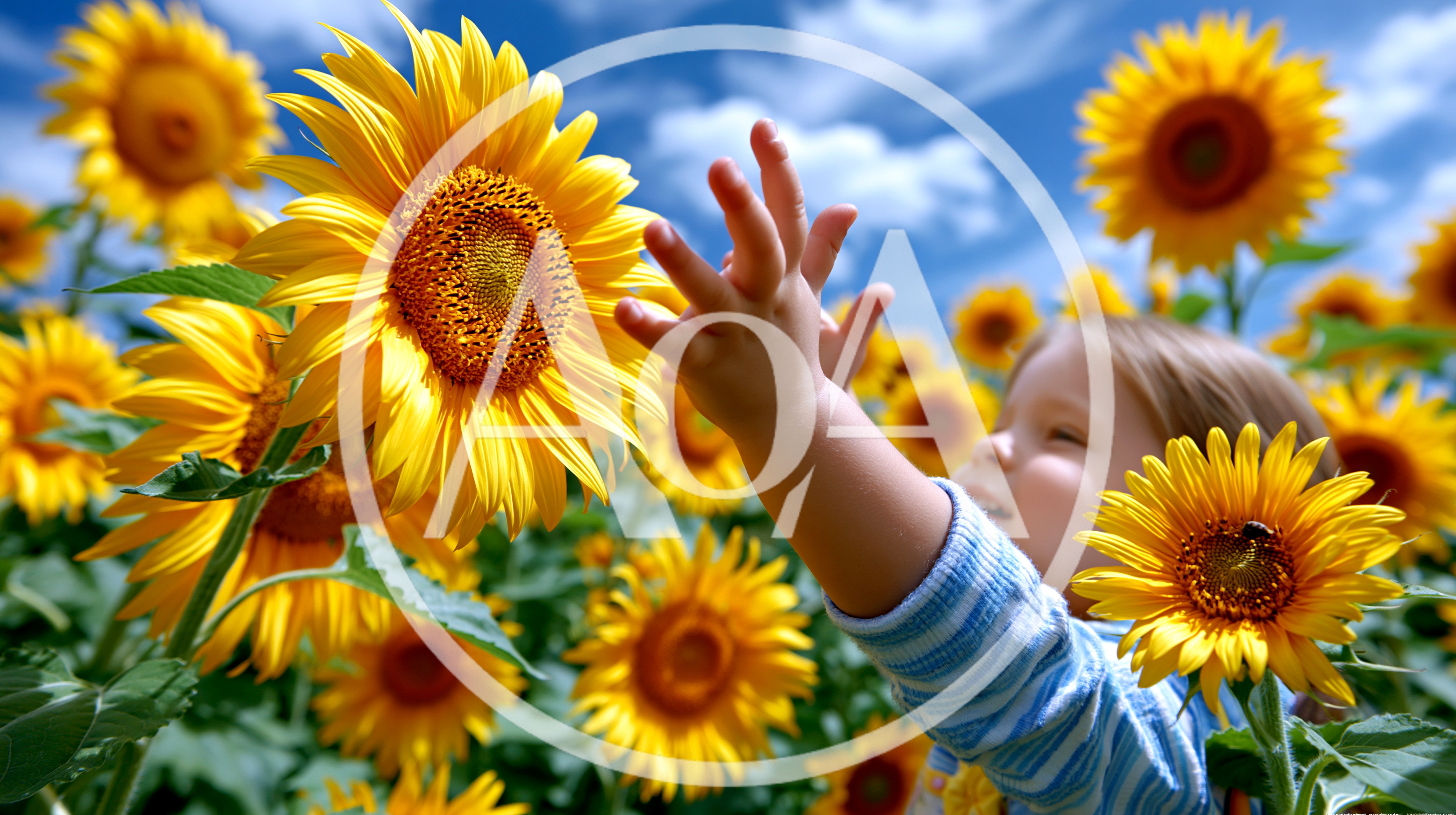Young Child Reaching Toward A Bright Yellow Sunflower
