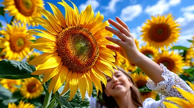 Young Woman Touching A Sunflower In A Sunny Field