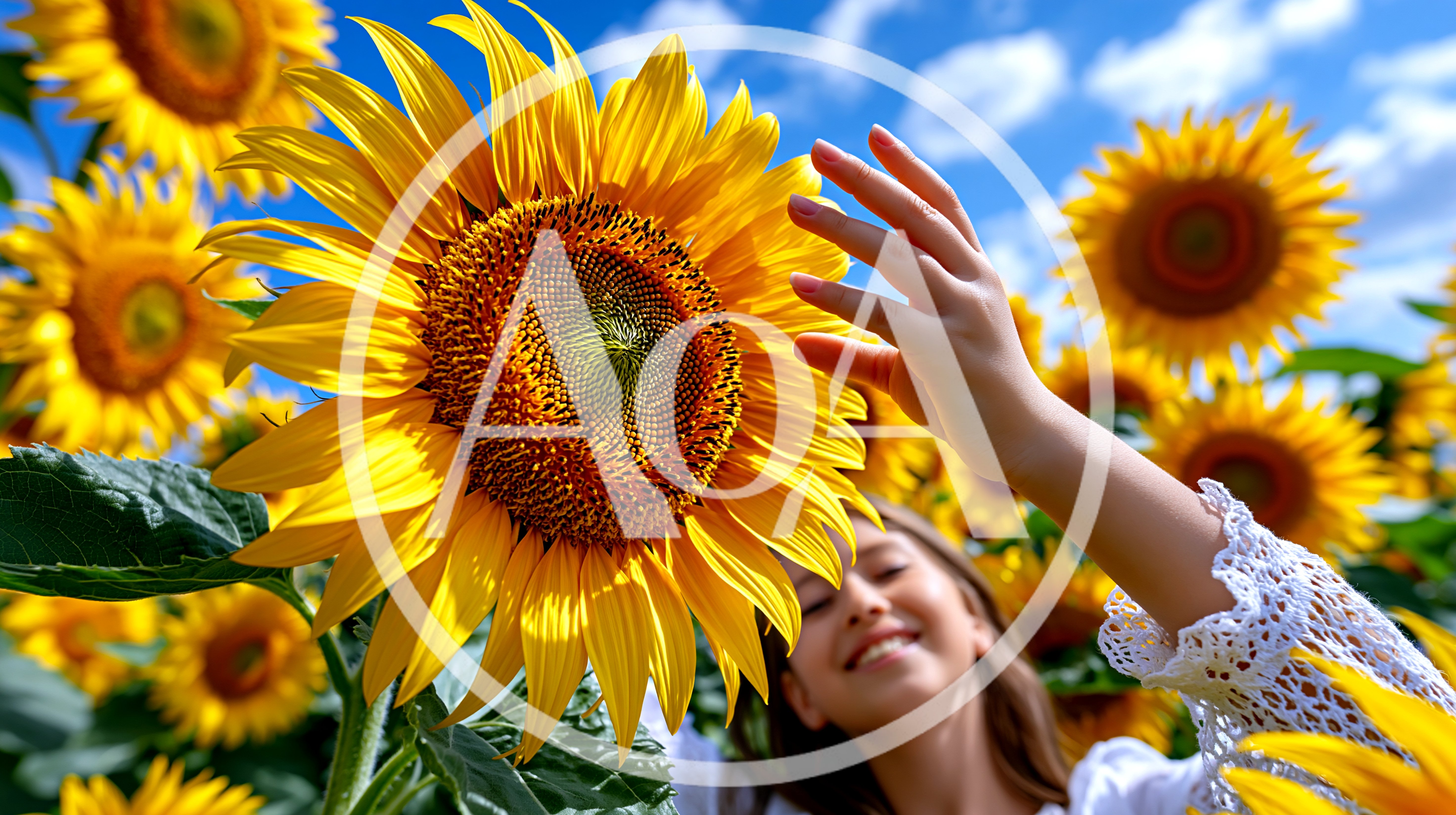 Young Woman Touching A Sunflower In A Sunny Field