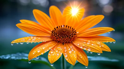 Yellow Sunflower With Dew Drops Under Sunlight