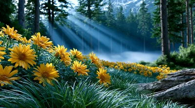 Sunlight Beams Over A Field Of Yellow Wildflowers
