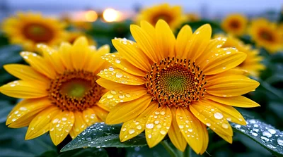 Dew Covered Sunflowers In A Field At Sunset