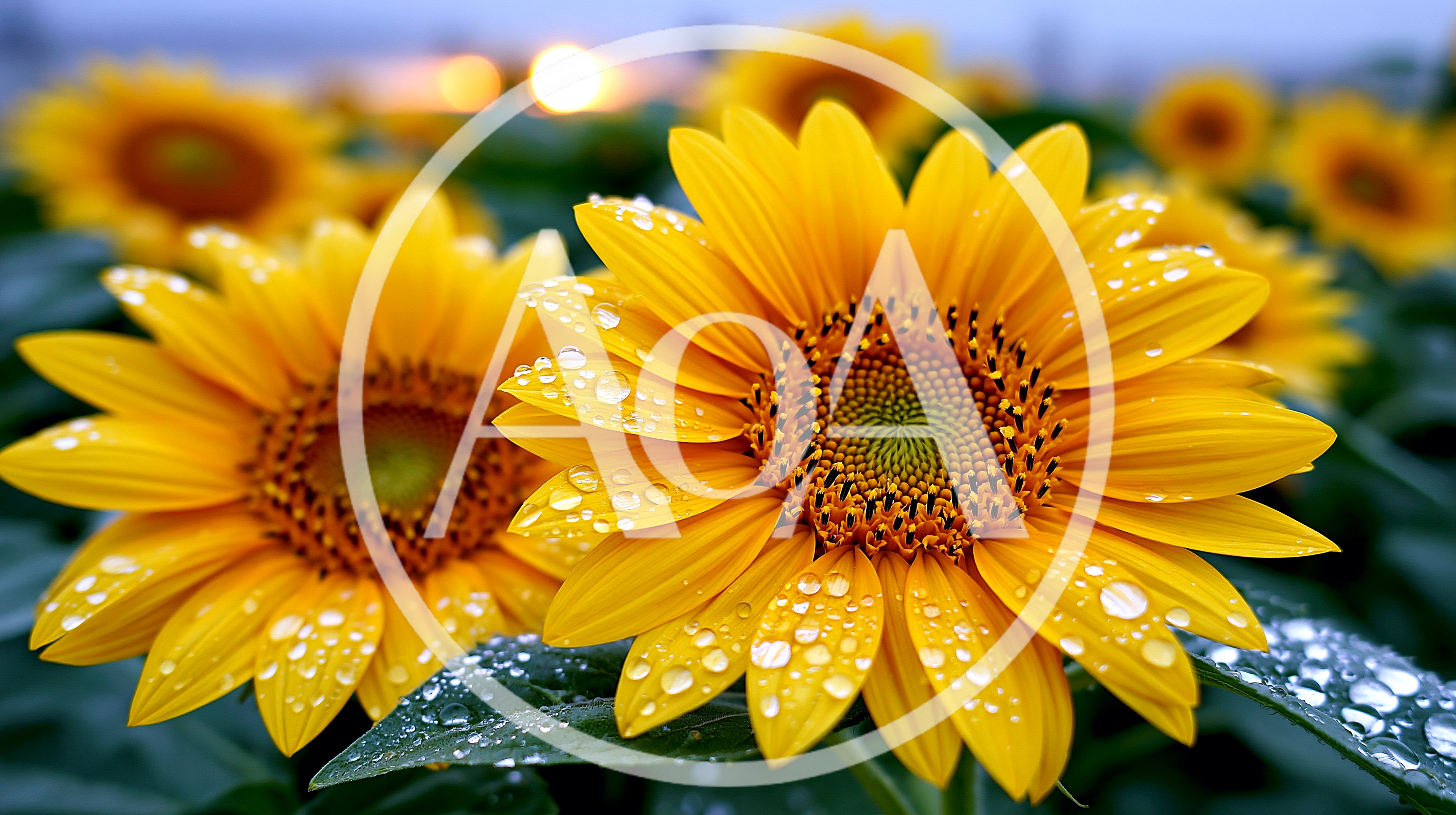 Dew Covered Sunflowers In A Field At Sunset