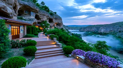 Cave Monastery Complex Overlooking A Misty River Valley