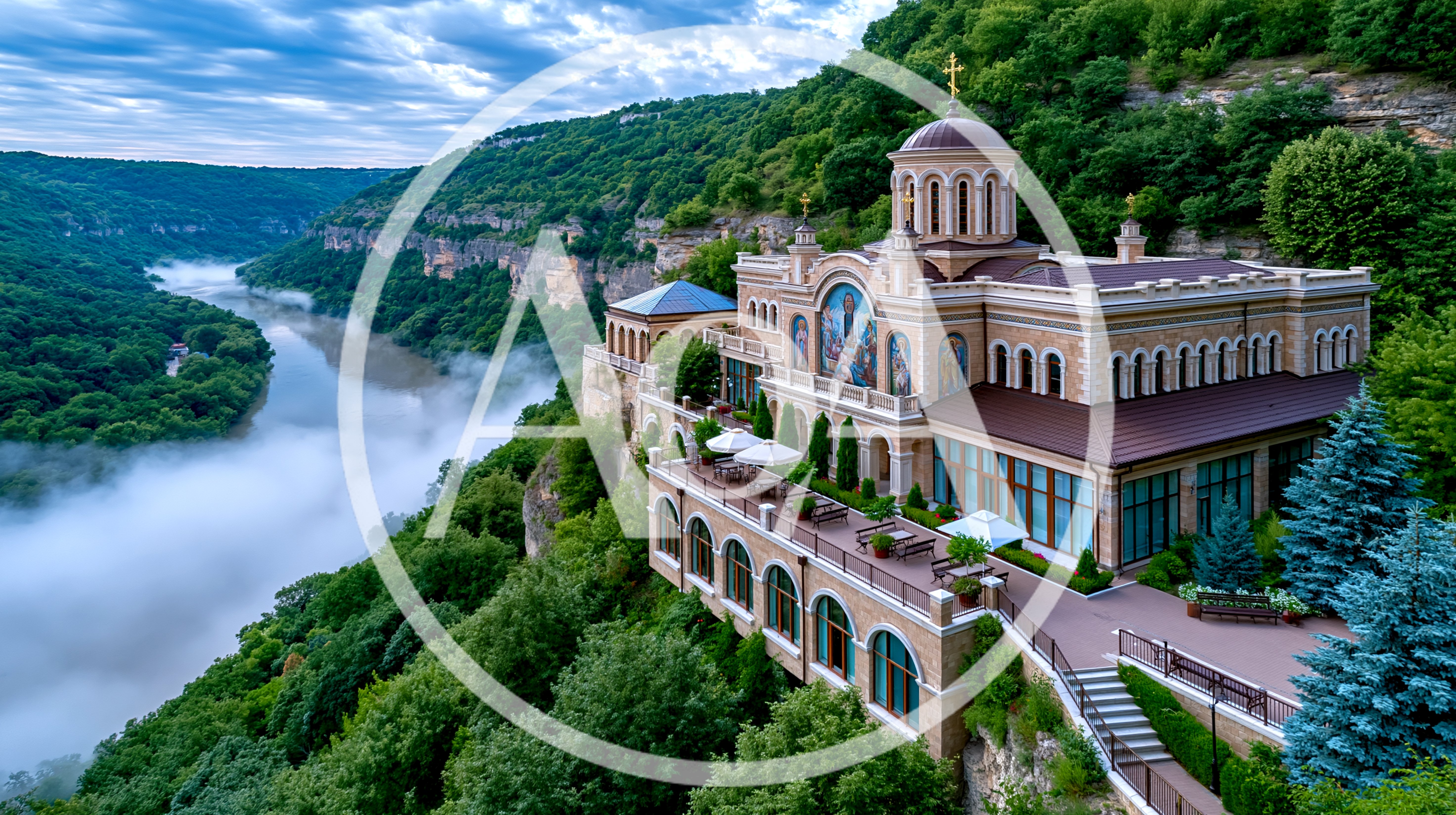 Aerial View Of Tipova Monastery Overlooking Dniester River