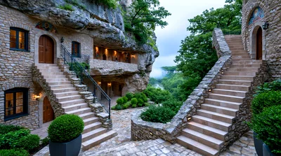 Stone Monastery Built Into A Rocky Cliffside