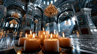 Lit Candles In An Ornate Orthodox Cathedral