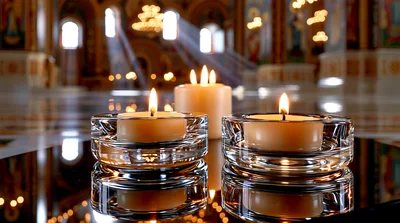 Lit Tea Light Candles In A Church Interior