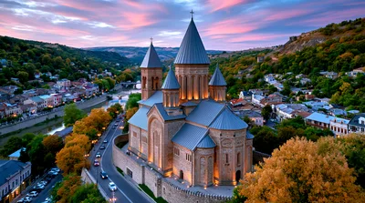 Aerial View of Metekhi Church in Tbilisi Georgia