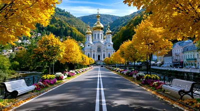Scenic Road Leading To A Golden Domed Orthodox Church